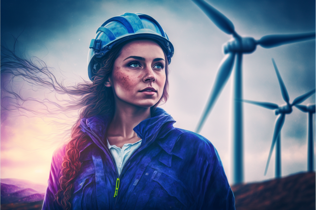 woman working on a wind farm, as a renewable energy wind farm engineer, in navy blue worker outfit, far away shot, bright colours