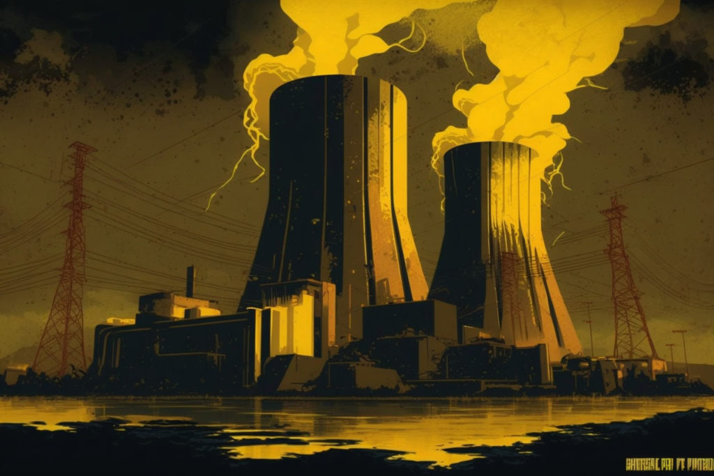nuclear power plants inside a city causing plumes of water vapour to emerge and merge with lightning