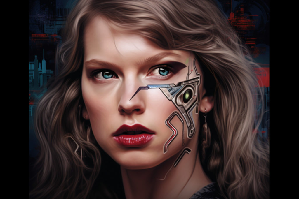 Taylor Swift transformed into a cyborg with bionic eyes for computer vision industry