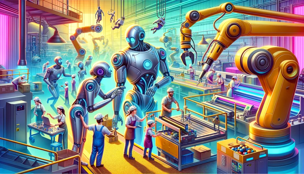 Futuristic manufacturing plant with robots and workers collaborating