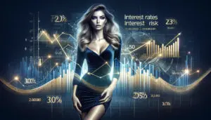A dynamic financial analysis scene with a woman and digital graphs symbolizing interest rate trends and forecasts.