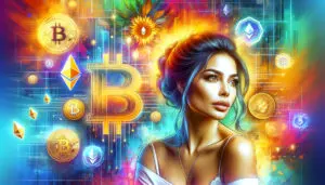 Illustration of a young Hispanic woman surrounded by digital patterns representing the dynamic nature of cryptocurrencies.