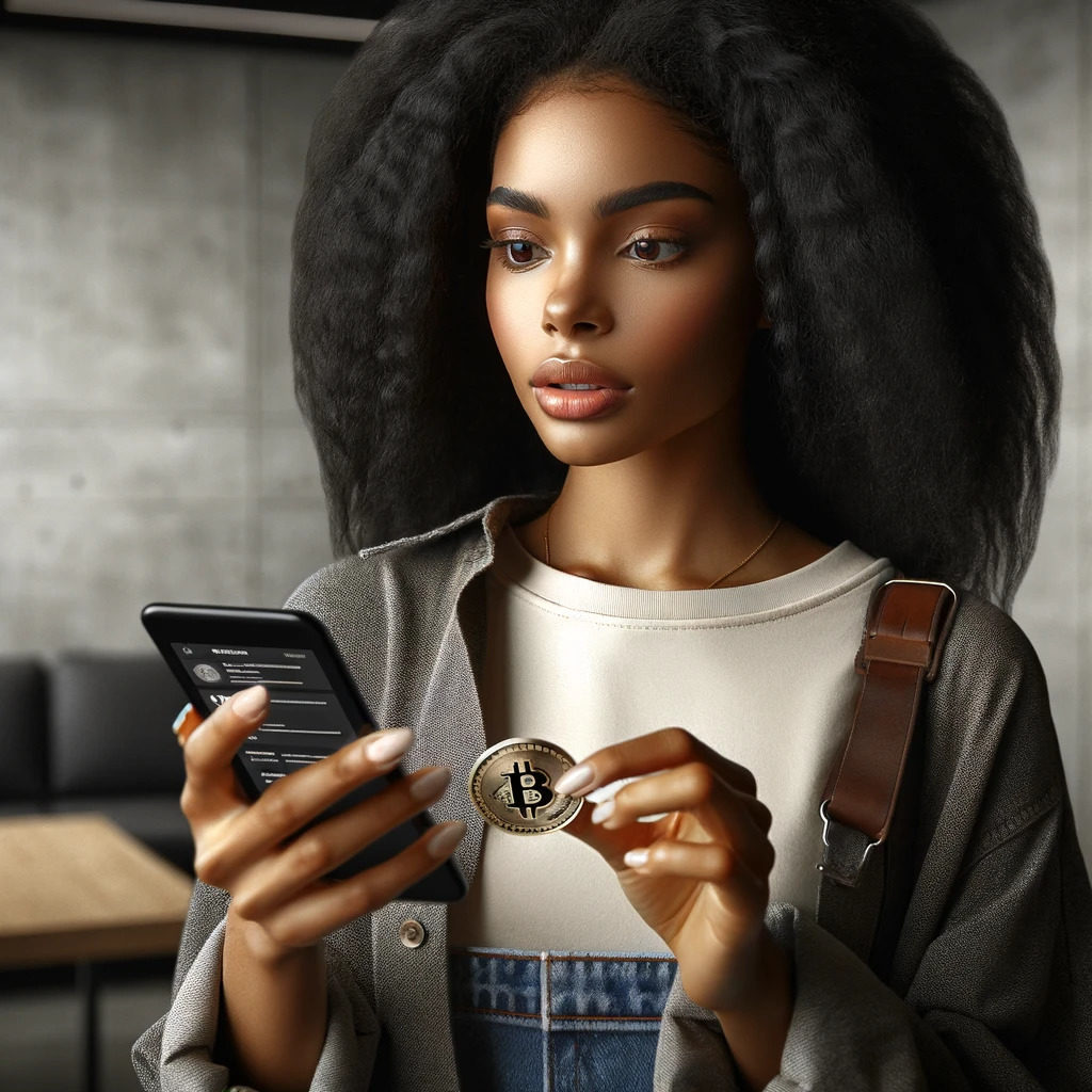 Focused Black woman using Bitcoin on her smartphone, symbolizing user engagement in cryptocurrency.