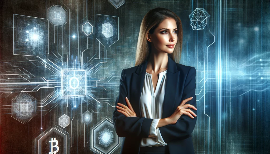 Professional woman with 'Zash' overlay symbolizing a merge of finance and technology in the crypto data sector.